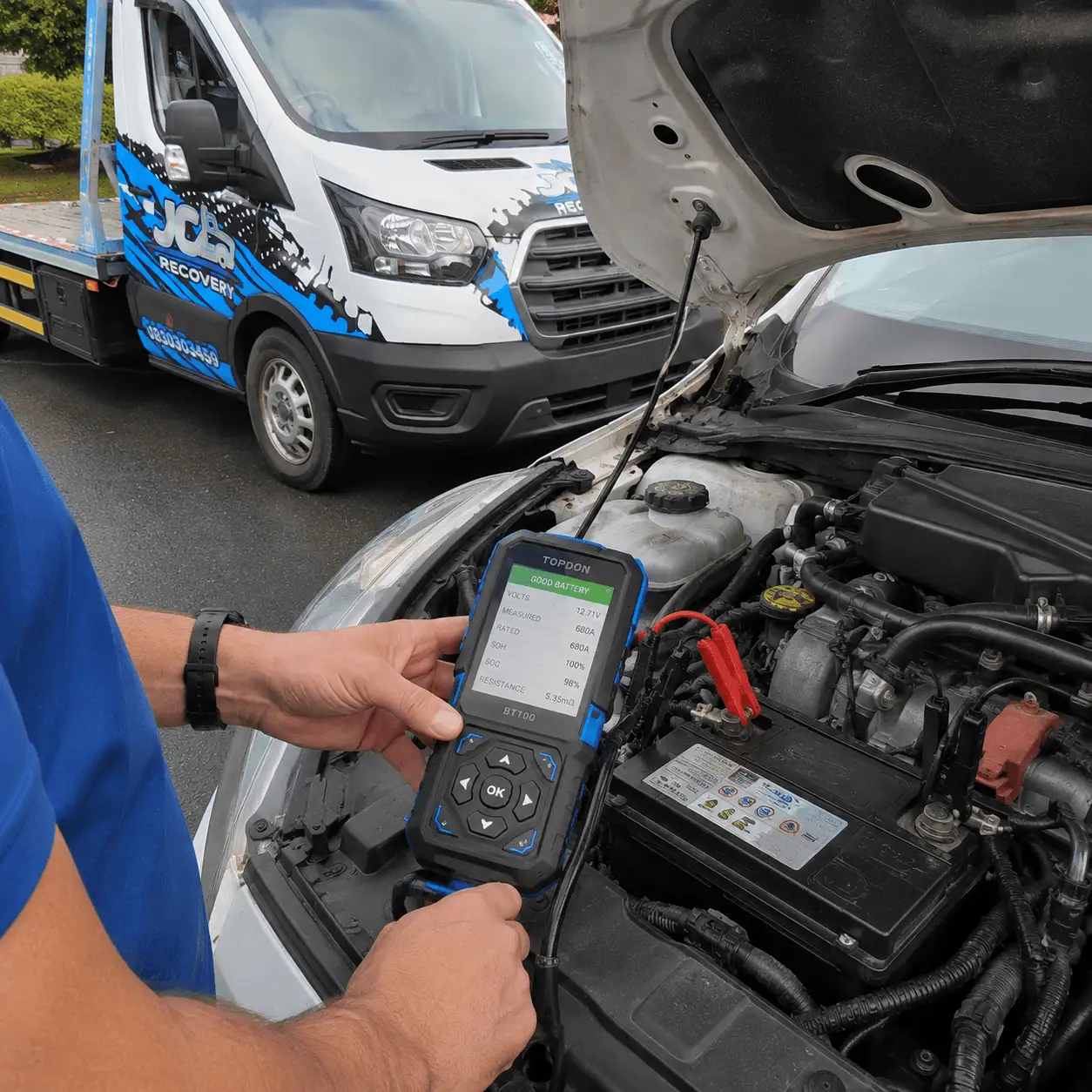 Vehicle battery being professionally tested