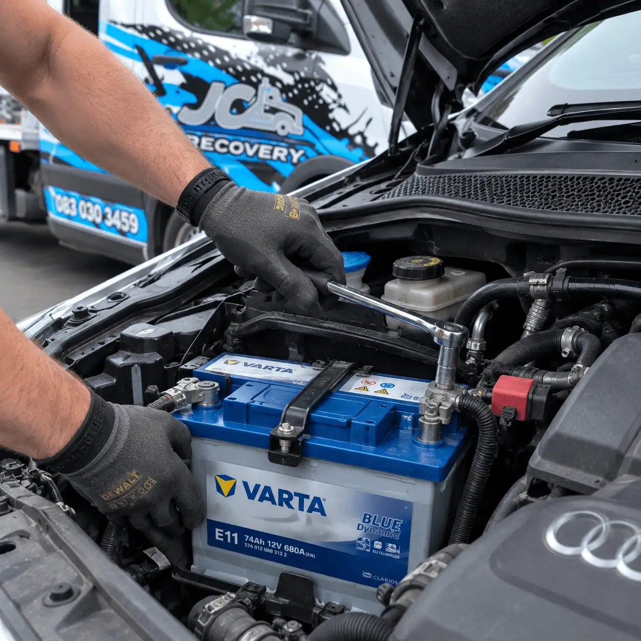 Car battery being fitted by a mobile battery technician